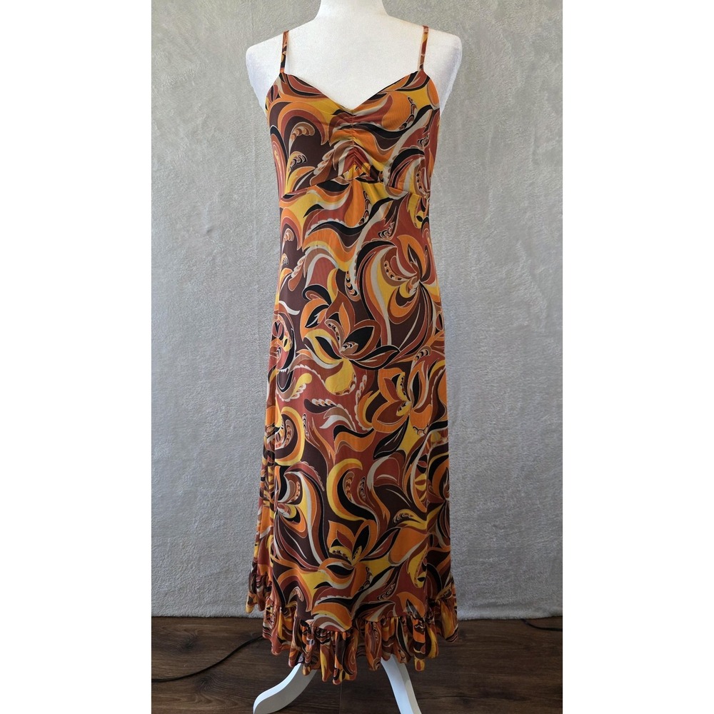 EUC No Comment Dress Womens XL Orange Black 70s Floral Retro Festival Babydoll